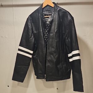 Men's Black Leather Varsity Jacket with White Accents